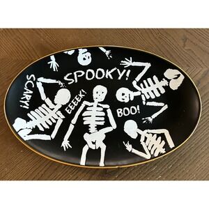 InHomestylez Halloween Skeleton Serving Platter Black Gold Oval Tray 16in